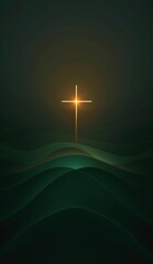 Wall Mural - Minimalistic Cross with Golden Glow on Dark Green Abstract Background
