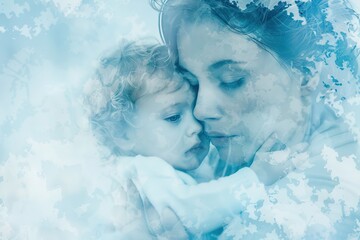 Poster - Mother holding a child in EmotionScape style, with soft blue and white emotive landscapes