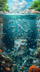 Wall Mural - A scuba diver explores a vibrant coral reef teeming with colorful fish in the clear blue waters of a tropical sea