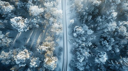 Wall Mural - Road through the winter forest, top view