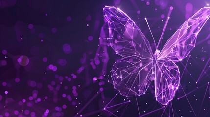 Abstract purple digital butterfly with glowing lines and particles on a dark background, representing technology and digital innovation.