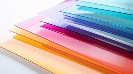 Assorted colorful transparent acrylic sheets in gradient hues arranged in a fan pattern, perfect for design and art projects.