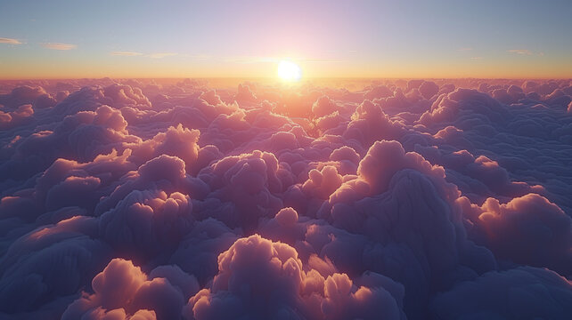 Breathtaking view from above the clouds, with a fiery sunrise painting the mountain peaks