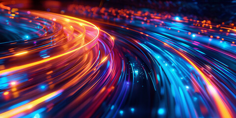 Abstract digital background with light trails moving fast on the road, glowing neon lights. Concept of high speed data transfer in cyberspace or global network