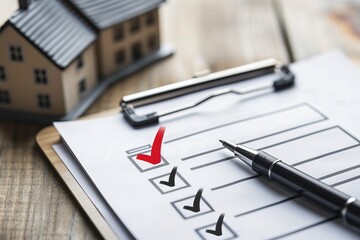 close-up of checklist with red checkmark next to model house and pen on clipboard, representing real