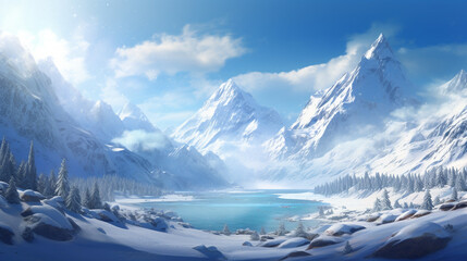 Wall Mural - A vast, snow-covered landscape with mountains in the background. The sky is clear and blue, and the sun is shining brightly.