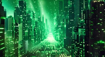 Green matrix city background with skyscrapers and streets. concept of global world digital