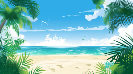 Wall Mural - beach with a coastline, and palm tree leaves on the side, concept of a beach