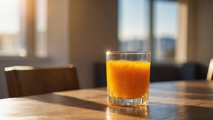 A glass of fresh orange juice in sunlight on a wooden table with a scenic background