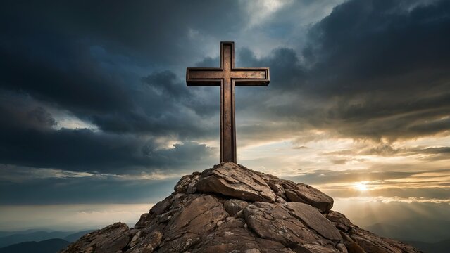 Bronze Christian cross on a rocky mountaintop with sunrays breaking through dramatic clouds