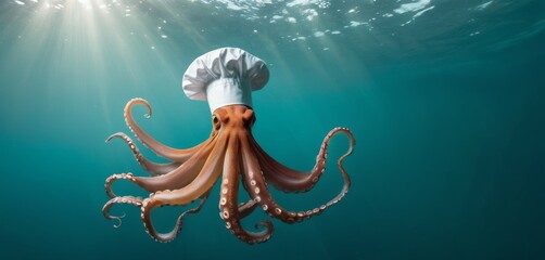 A whimsical chef octopus gracefully floats underwater, with a playful chef's hat adding to the charming scene.