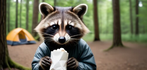 An adorable raccoon holding a bag of popcorn, standing in front of a tent in a lush green forest.