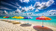 © Creative Catalog - Colorful beach umbrellas lined up on a pristine white sand beach with turquoise water and a bright blue sky, perfect for summer, vacation, and travel themes.