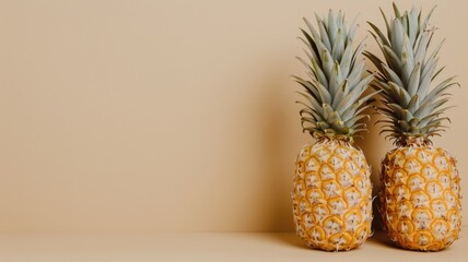 Wall Mural - Two ripe pineapples with green leaves against beige background