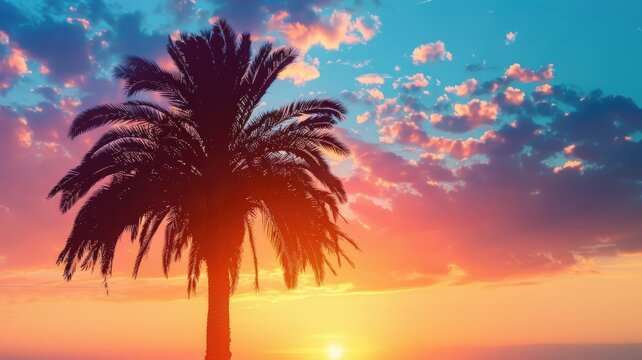 Sunset behind palm tree with colorful sky and clouds