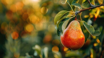 Wall Mural - Ripe pear on tree branch surrounded by leaves and bokeh lights