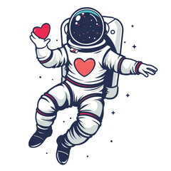 Sticker - Astronaut floating space holding red heart symbol, love romance theme, spaced themed Valentines concept. Cartoon style illustration, astronaut white suit heart decal, zero gravity pose, surrounded