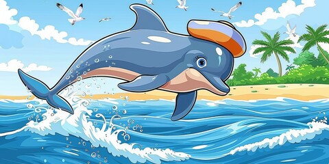 Wall Mural - Playful Cartoon Dolphin with Cap Jumping in Ocean Near Tropical Beach with Palm Trees and Seagulls in Bright Sunny Weather