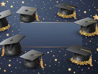 Wall Mural - Graduation Cap Celebration Background with Gold Stars and Space for Text, Perfect for Invitations, Announcements, or Social Media Banners