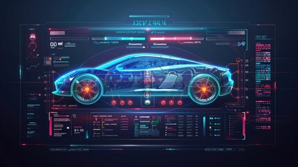 A holographic display depicted a realistic car with options, parameters, and settings similar to a head-up display, a user interface, or a GUI of a car. HUD style car interface. Smart panel with car