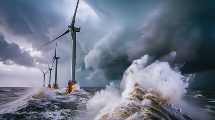 Wall Mural - A dramatic stormy sky over an offshore wind farm, with waves crashing around the sturdy bases of the wind turbines.