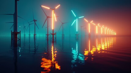 Wall Mural - A futuristic view of an offshore wind farm at night, with turbines illuminated by neon lights and reflecting on the water surface.