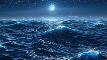 Wall Mural - seamless pattern of deep ocean waves under moonlight, the silvery light adding a mystical quality to