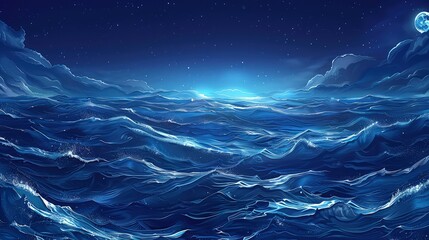 Wall Mural - seamless pattern of deep ocean waves under moonlight, the silvery light adding a mystical quality to