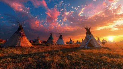 A scenic view of a village with multiple traditional teepee tents set up on a grassy plain at sunset, with a colorful sky in the background.