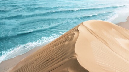 Wall Mural - Sand dune meeting ocean waves under clear sky