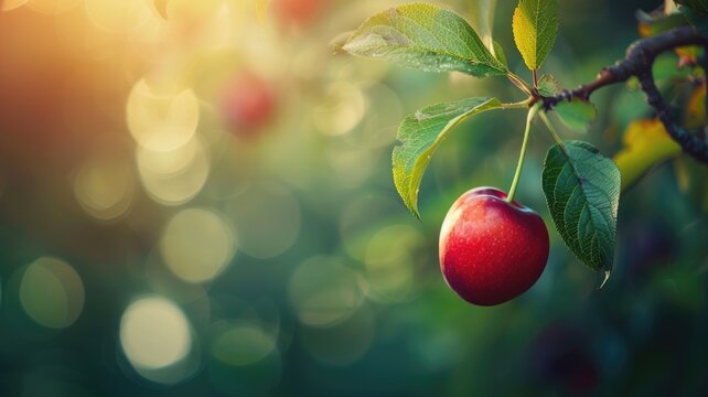 Ripe red apple hangs from branch bathed in sunlight with bokeh background