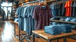 © aicandy - A beautifully arranged modern retail clothing store showcasing neatly folded denim jeans on a wooden table with hanging shirts in the background