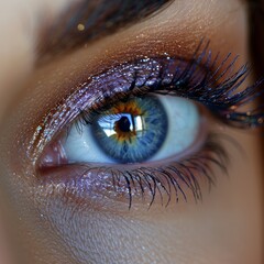 Wall Mural - A close-up image of a beautifully made-up eye with vibrant blue iris, sparkling eyeshadow, and long black eyelashes emphasizing the intricate details