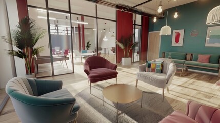 Wall Mural - A modern and vibrant coworking space interior with colorful furniture in an open layout, designed for maximum productivity and comfort