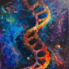 Poster - a double helix of dna, with particles and energy flowing around.