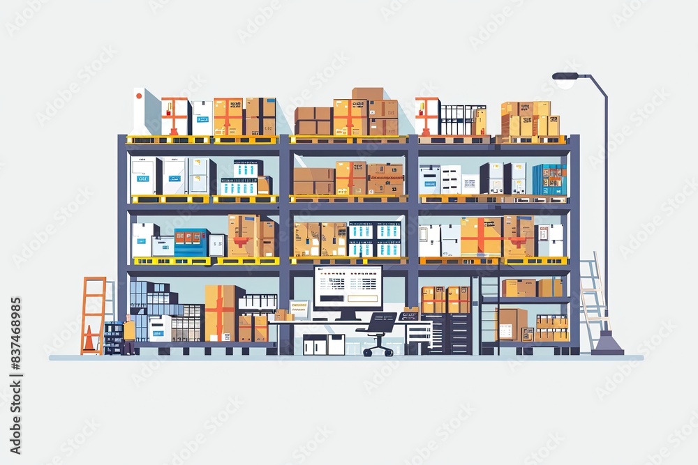 Modern warehouse with shelves stacked with boxes and supplies ...