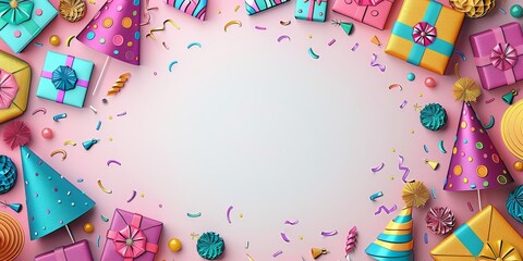 Festive birthday celebration background with colorful presents, party hats, and confetti beautifully arranged on a light pink surface