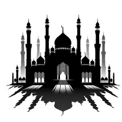 Silhouette of a majestic mosque shadow., black color, isolated, white background
