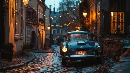 Naklejka na meble Classic car parked on a cobblestone street at dusk, with street lamps casting a warm glow and old buildings in the background