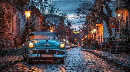 Naklejka na meble Classic car parked on a cobblestone street at dusk, with street lamps casting a warm glow and old buildings in the background