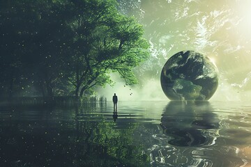 A man stands in front of a large globe in a forest. The scene is peaceful and serene, with the man and the globe being the only objects visible