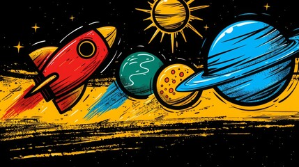 cartoon style space rocket model in universe and dark space with stars and galaxy, space rocket exploration in universe space realistic illustration 