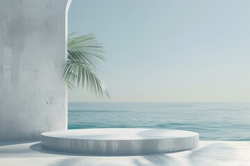 Wall Mural - 3D render, minimal Summer background with empty podium or pedestal platform for showing product, cosmetic scene for mock up, beach swim elements decoration