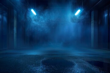 Wall Mural - A dark empty street, dark blue background, an empty dark scene, neon light, spotlights The asphalt floor and studio room with smoke float up the interior texture. night view