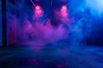 Wall Mural - A dark empty street, dark blue background, an empty dark scene, neon light, spotlights The asphalt floor and studio room with smoke float up the interior texture. night view