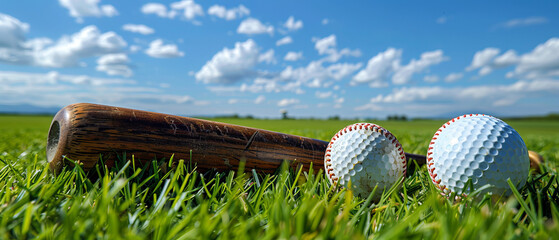 Baseball bat and golf balls on a grassy field under blue skies