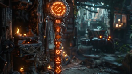 Detailed photograph of a staff with glowing technorunes, set in a rune crafter's workshop, surreal elements enhancing the mystical theme