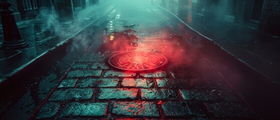 Foggy street, mysterious glowing magic circle surrounding a manhole cover, casting eerie shadows and vibrant colors