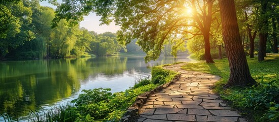 Sticker - Beautiful lake in the park with green trees and sunlight shining through leaves.