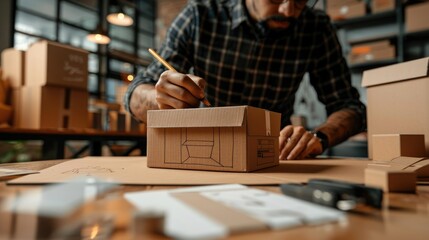 Designer creating packaging concept on brown cardboard with finished mockup box in background
